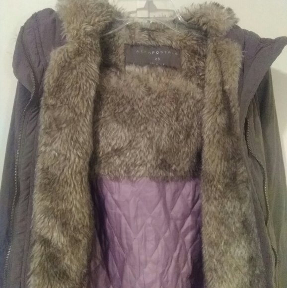 Aeropostale Khaki Green Coat with Faux Fur Hood - Picture 4 of 6